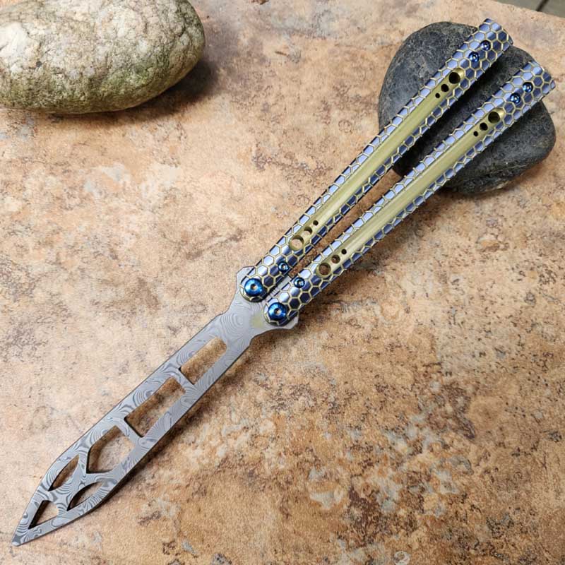 Theone Python Balisong Clone Titanium Handle Damascus Blade