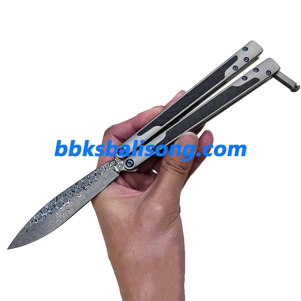 Theone EX10 Balisong Clone Carbon Fiber Patch+Titanium Handle Damascus Blade BBKSbalisong