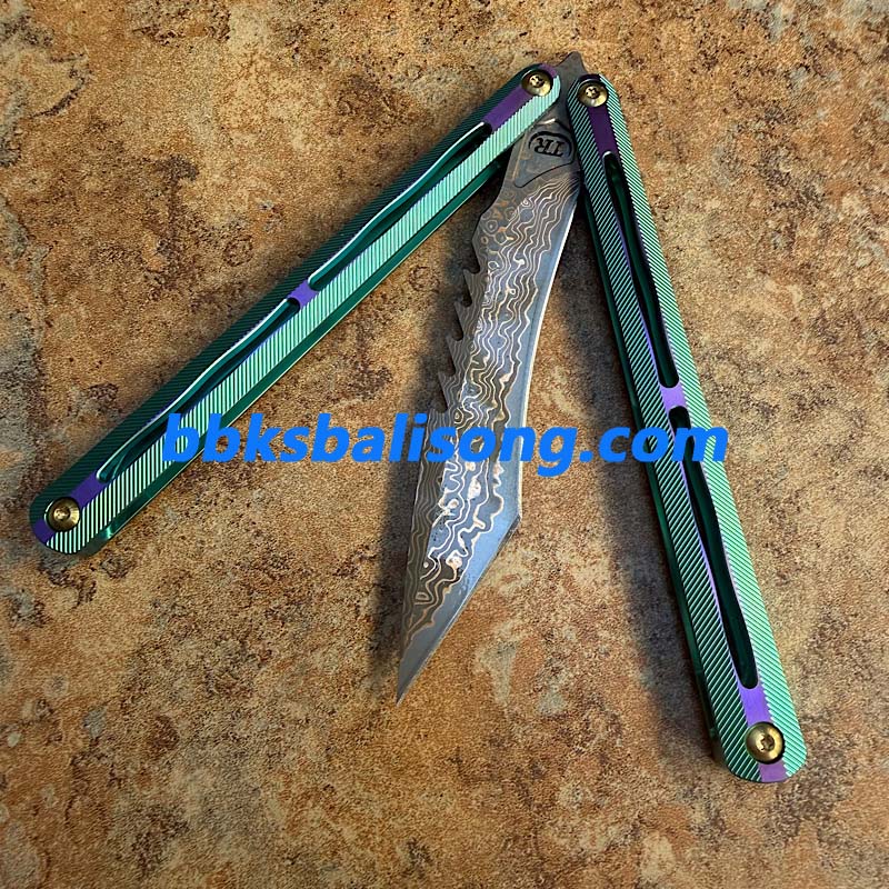 Theone Tyrannosaurus Rex Balisong Titanium Handle Damascus Blade