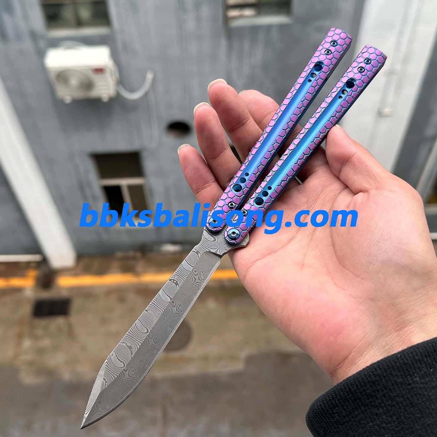 Theone Python Balisong Clone Titanium Handle Damascus Blade